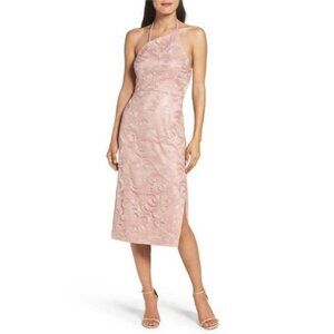 Vera Wang Asymmetric Sequin Lace Blush Midi Dress